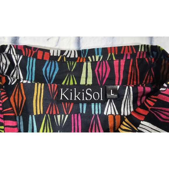 KikiSol WOMENS SIZE L Multicolor Art Boho Tunic Boyfriend Shirt Button Sheer - Picture 4 of 10